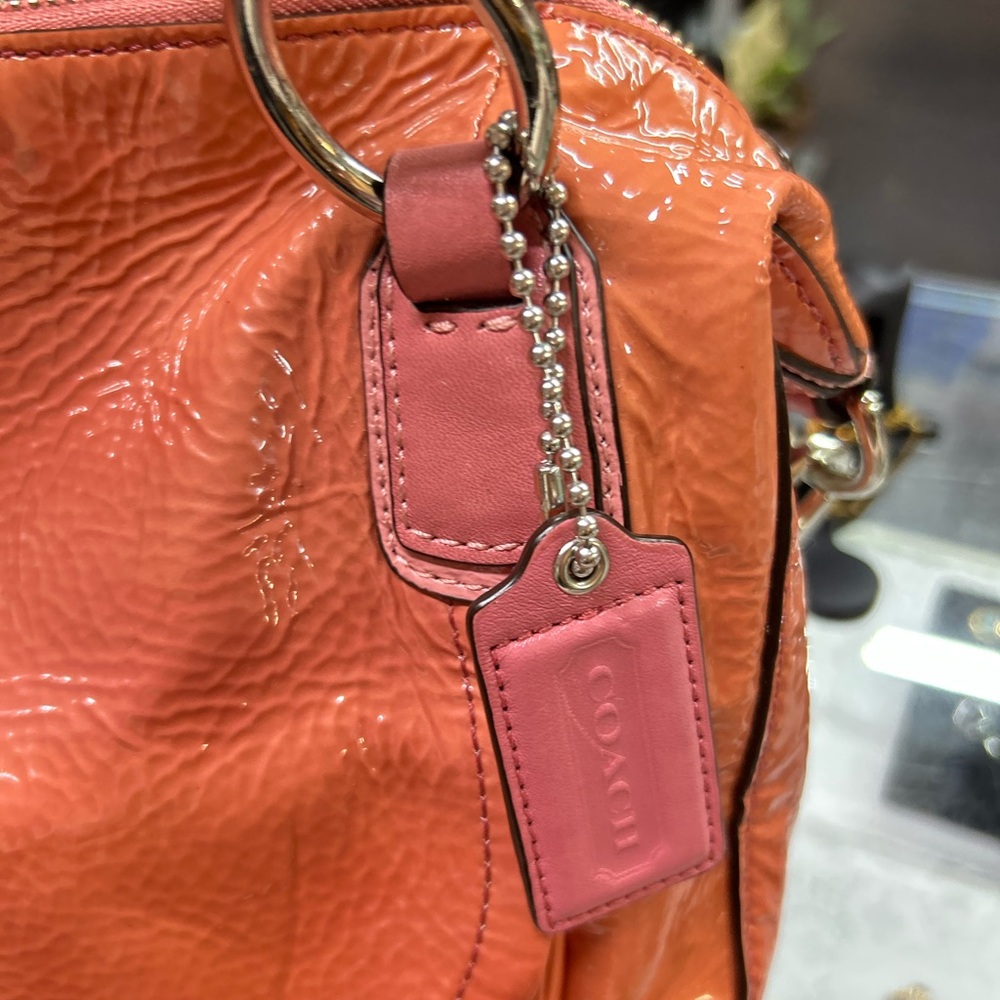 Coach Orange Patent Leather Satchel with Pink Tag